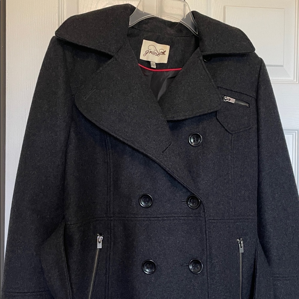 Women’s Grane L dark gray-pea coat-button front-tie waist belt-wool blend